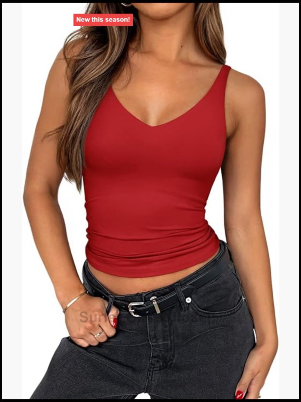 Womens V Neck Cami Top Sleeveless Double Lined Tank Tops Y2K Spaghetti Strap